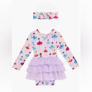 Posh Peanut Adalyn tulle tutu skirt bodysuit dress ballerina print bamboo 6-12 M